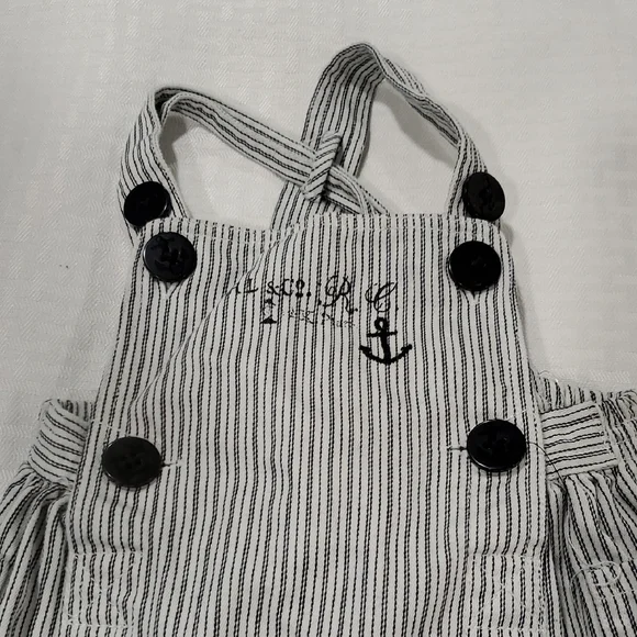 Vintage Striped Baby sailorOveralls dress with Black Buttons size 6M